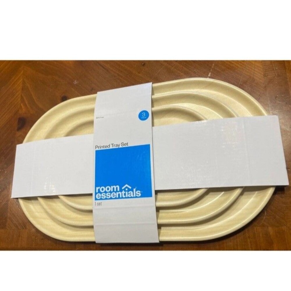 3 NESTED ROOM ESSENTIALS BAMBOO MELAMINE PRINTED TRAY SET NEW IN PACKAGING
